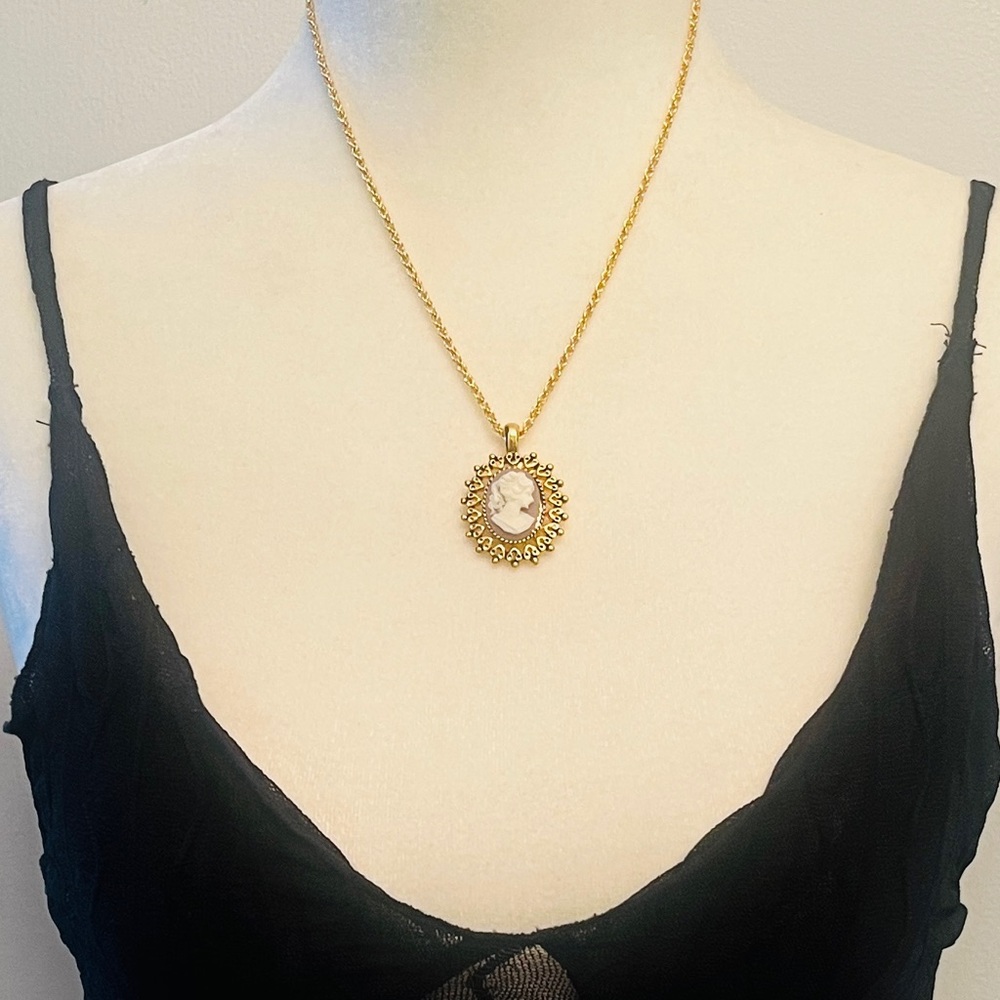 Vintage cameo featuring a carved portrait set within an ornate gold-tone frame.